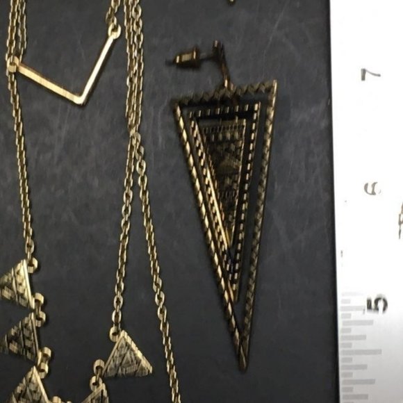 Gold Necklace Earrings Triple Chain Triangle Brown Stone V - Picture 8 of 10